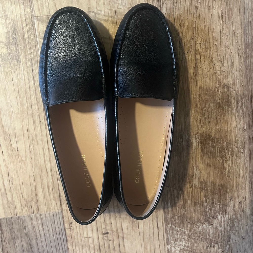 Cole Haan Black Leather Emmie Driving Loafers.